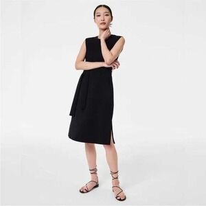 spanx faux leather mixed media dress Spanx Leather Combo Fitted Dress Black S